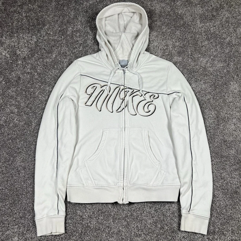 Vintage Y2K Nike Hoodie Womens Medium White Full Zip Sweatshirt Spellout Cyber